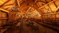 Medieval Viking long house with mud and straw on the ground, wooden tables with food and drink, lit by candlelight. 3D