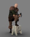 Medieval Viking warrior man standing with one foot resting on a stool and with a bearded axe in his hand. 3D rendering isolated on