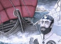 Medieval vikings` wooden long ship and a viking warrior, hand drawn illustration, Scandinavian history concept