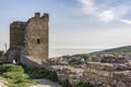 Medieval wall and tower of Genoese fortress in the city of Feodosia on the Crimean Peninsula, built by colonists from Genoa