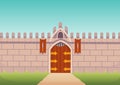 Medieval walls front view. Castle stone fortification with wooden city gate, fairy tale exterior. Ancient game