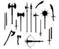 Medieval war type of weapon, set icon crossbow, sword, axe, pike mace and katana old cold weaponry black silhouette vector