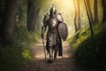 medieval warrior in armor and helmet walking on path Royalty Free Stock Photo