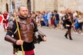 Marche, Ascoli Piceno, Reenactment, Giostra della Quintana: a medieval warrior during an exibition Royalty Free Stock Photo