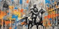 Medieval warrior on the horse and in armor. Contemporary art collage. Beautiful illustration picture. Generative AI