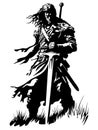 Medieval Warrior Silhouette with Sword in Windy Landscape Vector Art Royalty Free Stock Photo