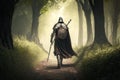 medieval warrior with sword in hand walking on forest path Royalty Free Stock Photo