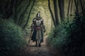 medieval warrior with sword in hand walking on forest path Royalty Free Stock Photo