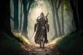 medieval warrior with sword in hand walking on forest path Royalty Free Stock Photo