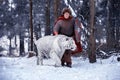 Medieval warrior walks with white tiger in forest