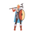 Medieval warrior woman with axe, knife and shield, armed blond girl Viking, vector cartoon female Scandinavian knight Royalty Free Stock Photo