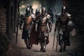 medieval warriors in armor going on way to fight walking knight Royalty Free Stock Photo