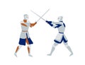 Medieval warriors fighting flat vector illustration. Swordsmen wearing full body armor, soldiers with swords cartoon