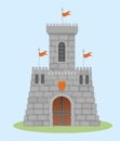 Medieval watch citadel illustration. Powerful stone walls with loopholes and orange shield over entrance.