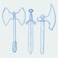 Medieval weapon - axe, sword. Hand drawn sketch on lined paper background Royalty Free Stock Photo