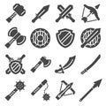 Medieval weapons and armors set. Medieval warrior equipment. Sword, sabre, dagger, axe, male Royalty Free Stock Photo