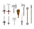 Medieval weapons set. antique metal armour weapon. Sword and ax. Halberd or spear. Saber and club. Mace and morning star