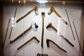 Medieval weapons or tools behind the glass in the museum.