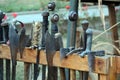 Medieval weapons on a wooden stack Royalty Free Stock Photo