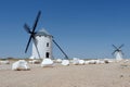 Medieval windmills on the fields of Campo de Criptana village, Ciudad Real, Spain