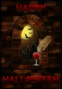 Medieval window in castle with blood glass. Happy halloween wallpaper