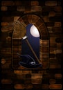 Medieval window in castle with a witch`s hat and a broom, Happy halloween background, vector