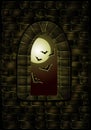 Medieval window in the magic castle. Happy halloween card, vector