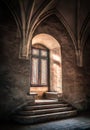 Medieval window sill with stained glass in Corvin castle. Royalty Free Stock Photo