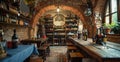 Medieval wine cellar with wooden tables and diverse wine selection, featuring a vine degustation setup Royalty Free Stock Photo