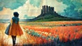 medieval woman in front of a big mountain and a beautiful, colorful field, folky poster, ai generated image Royalty Free Stock Photo