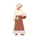 Medieval Woman Peasant Wear Historical Clothes Holding Basket in Hands Isolated on White Background, Female Character