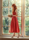 Medieval woman princess holds in hands reads book. Red-haired dreamlike girl stands on window barefoot, view summer Royalty Free Stock Photo