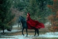 Medieval woman princess in red dress sits astride black steed horse. Girl rider in vintage cloak cape train flies in Royalty Free Stock Photo