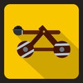 Medieval wooden catapult icon, flat style
