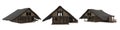 Medieval wooden house with thatched roof. 3 angles 3D illustration isolated on whte background with clipping path