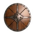 Medieval wooden and metal shield. Concept of historical warfare and protection.