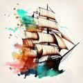 Antique sailing ship in watercolor style by Generative AI Royalty Free Stock Photo