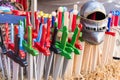 Medieval Wooden swords and helmet. Royalty Free Stock Photo