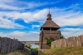 Medieval wooden Zaporozhian Sich on Khortytsia island in Zaporizhia, Ukraine