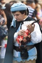 Medieval Young man playing the old guitar, lute parade del Palio. Royalty Free Stock Photo