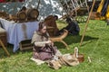 Medieval Young Woman Spinning Wool