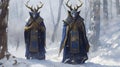 Medievalist Concept Art: Dark Blue Deer Horn Figures In Snow