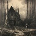 Eerie Encounter: Creepy Figure at Witch Hut in Haunted Forest Engraving