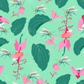 Medinilla showy wildflowers with wasps,bees seamless pattern.