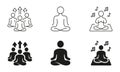 Meditate In Zen Pose Silhouette and Line Icons Set. Wellness and Relax Pictogram. Group Yoga Exercises Black Symbol