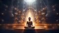 Meditating astronaut concept / 3D illustration of astronaut in lotus position under beam of light