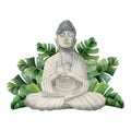 Meditating Buddha stone figurine with green tropical palm leaves watercolor illustration isolated on white background