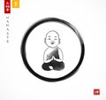 Meditating buddhist monk in black enso zen circle on white background. Traditional Japanese ink wash painting sumi-e