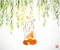 Meditating buddhist monk in orange robe under green willow tree. Traditional oriental ink painting sumi-e, u-sin, go-hua