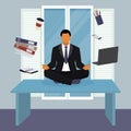 Meditating businessman in yoga pose in office at work break vector illustration. Royalty Free Stock Photo